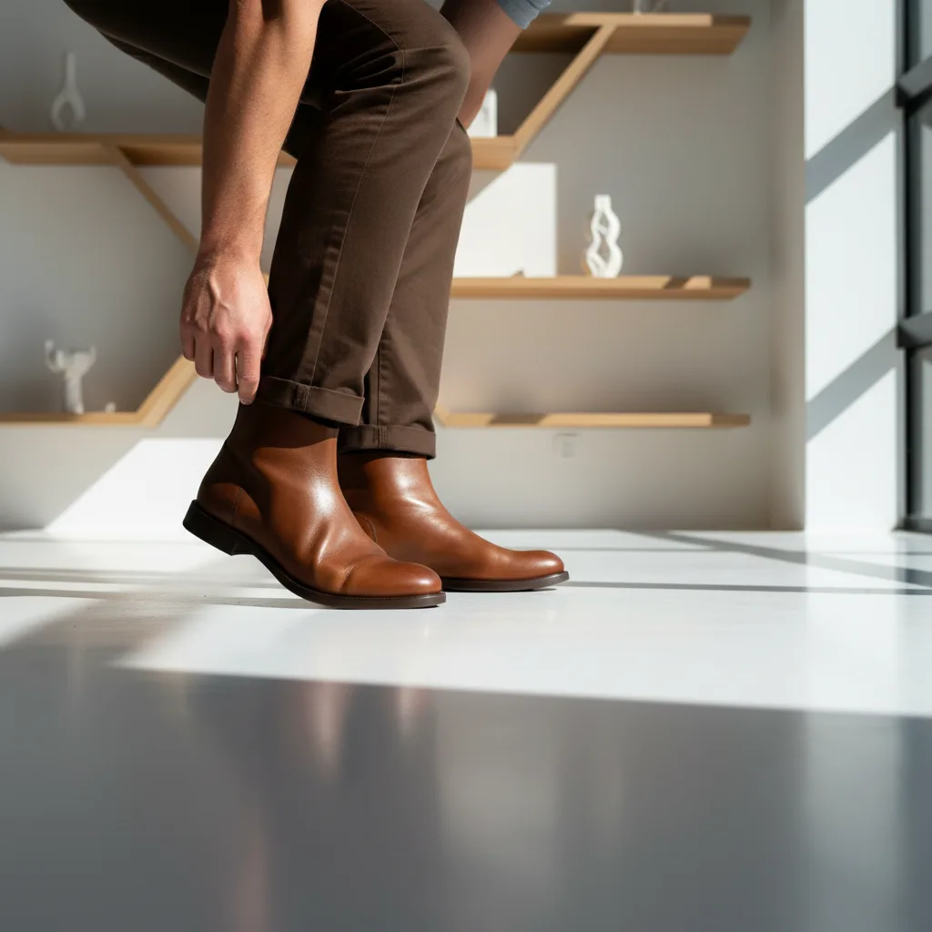 Homme essayant des bottines en cuir marron en boutique