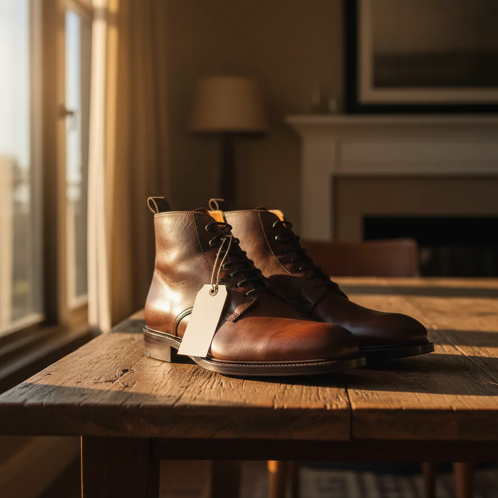 Étiquette de prix et bottines en cuir pour guide d'achat